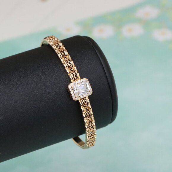 Radiant Cushion Cut Stone Rose Gold Bangle with Intricate Filigree, XPBL0589 - Picture 6 of 12